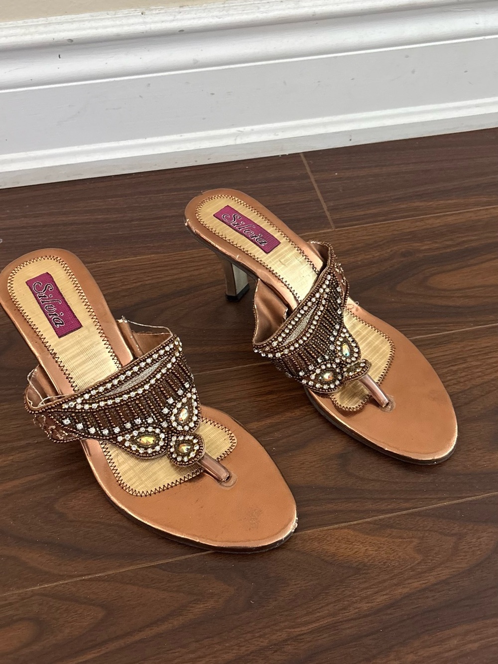 Bronze Beaded Thong Heel Sandals